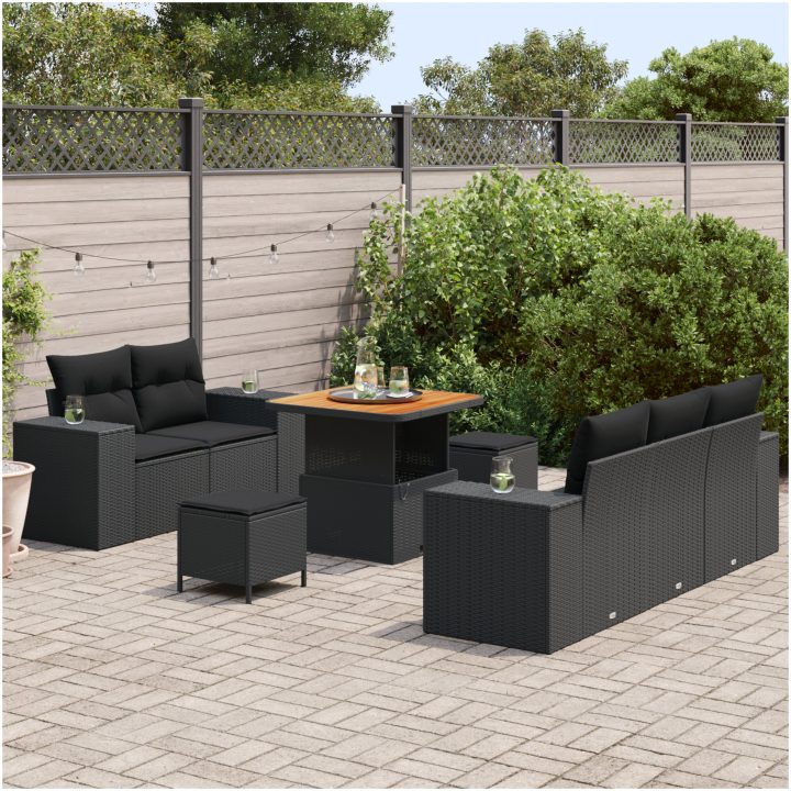 8-delad trädgårdsoffuppsättning med kuddar Svart Poly Rattan Akaciaträ vidaXL Medium – bild 3