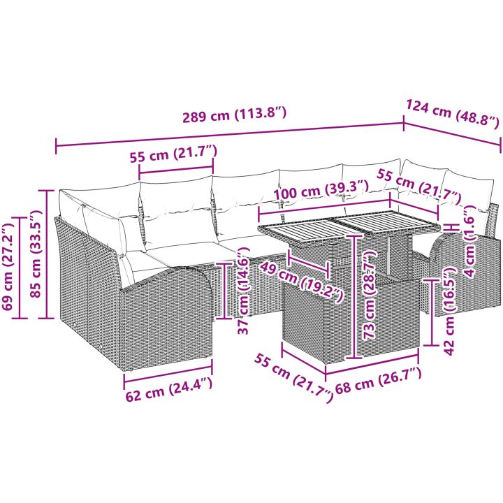 8-delad Trädgårdsset med kuddar Svart Poly rotting Akacia vidaXL 100 x 55 x 73 cm – bild 11