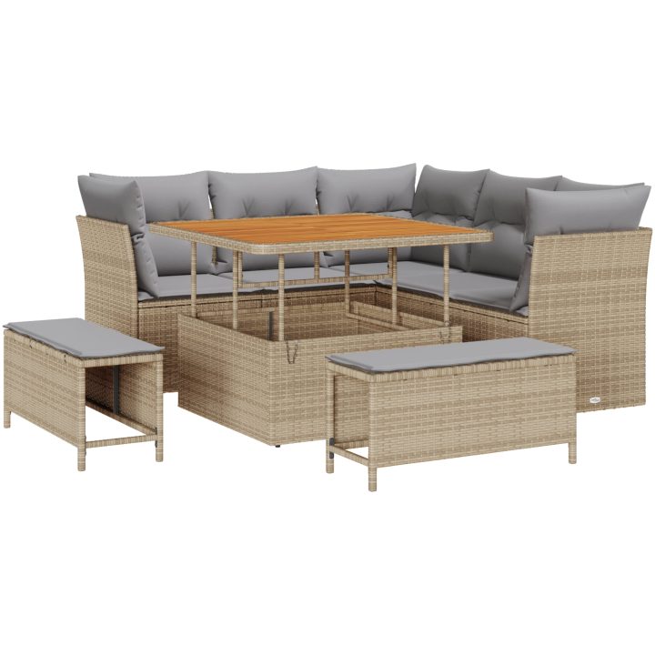 8-delad Trädgårdssofa med Kuddar Beige Poly Rottning Akacia vidaXL Stor – bild 2