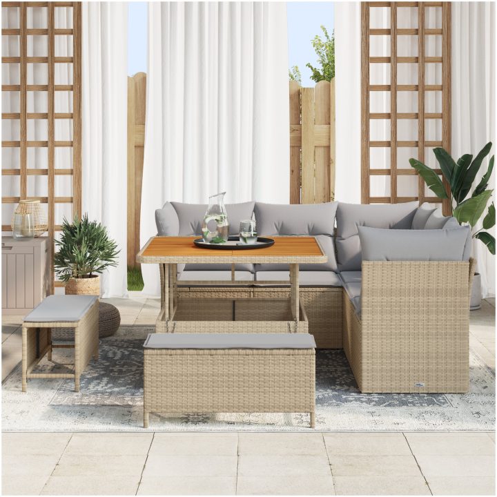 8-delad Trädgårdssofa med Kuddar Beige Poly Rottning Akacia vidaXL Stor – bild 3