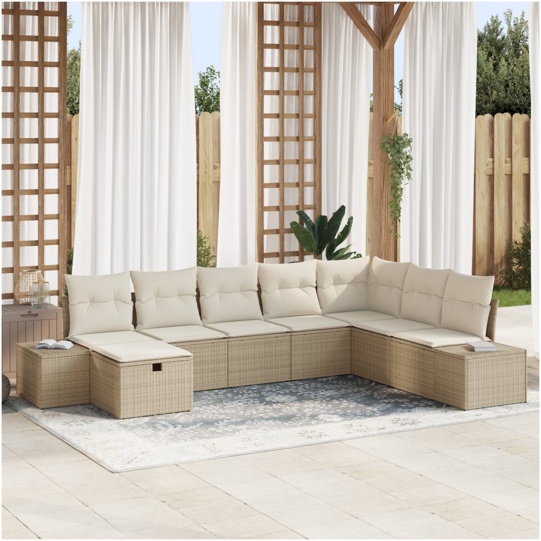 8-delad trädgårdssoffgrupp med beige kuddar i polyrotting vidaXL 319 x 209 x 85 cm