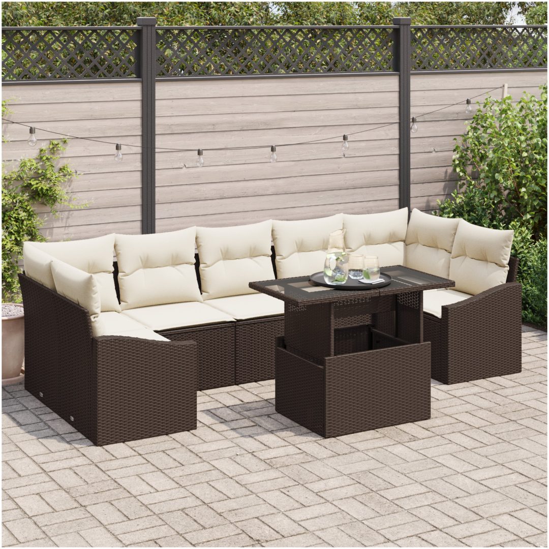 8-delad trädgårdssoffset med kuddar Brun Poly Rattan vidaXL 100 x 55 x 73 cm