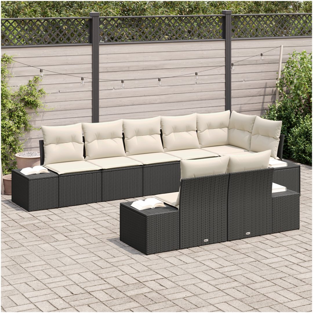 8-delad trädgårdssoffset med kuddar svart poly rattan vidaXL 184 x 62 x 85 cm – bild 3