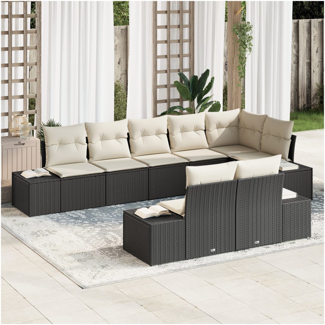 8-delad trädgårdssoffset med kuddar svart poly rattan vidaXL 184 x 62 x 85 cm