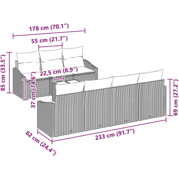 8-delad utemöbelset med kuddar i grå polyrotting vidaXL 55 x 55 x 37 cm – bild 11