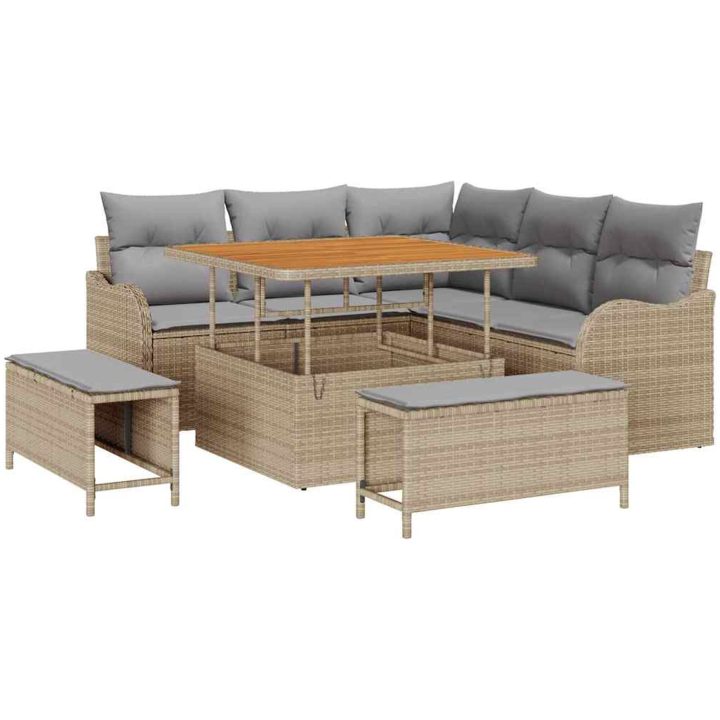 8-delade trädgårdsoff-set med kuddar Beige Poly Rattan Akacia vidaXL Stor – bild 2