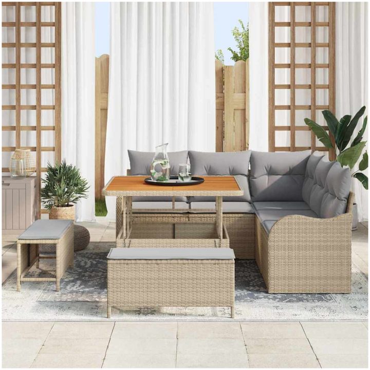 8-delade trädgårdsoff-set med kuddar Beige Poly Rattan Akacia vidaXL Stor – bild 3
