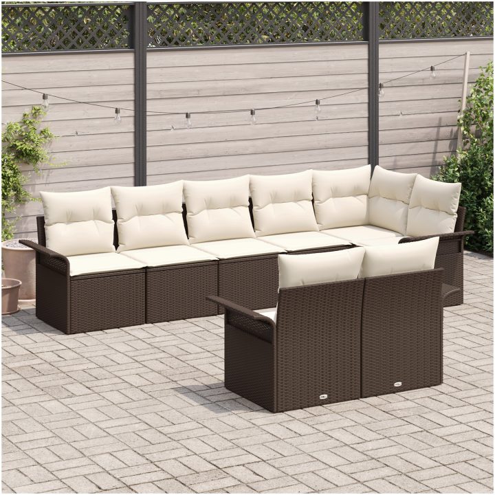8-delade Trädgårdsoffaset med kuddar Brun Poly Rattan vidaXL 297,5 x 132,5 x 85 cm – bild 3