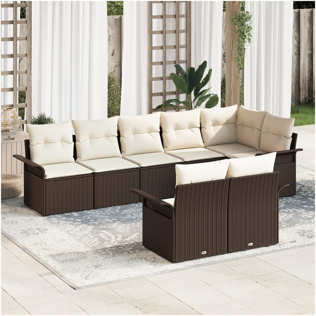 8-delade Trädgårdsoffaset med kuddar Brun Poly Rattan vidaXL 297,5 x 132,5 x 85 cm