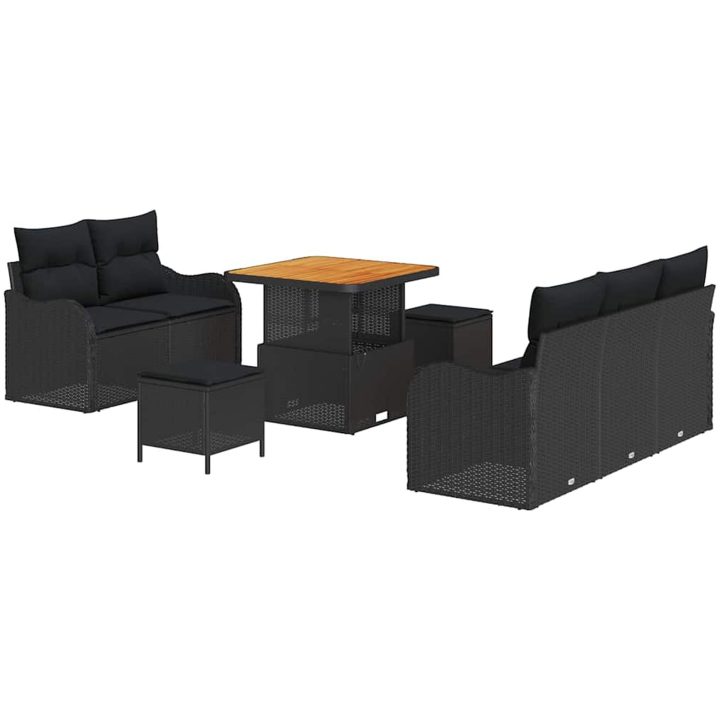 8-delade Trädgårdsoffs-set med kuddar Svart Poly Rattan Akacia vidaXL Medium – bild 2