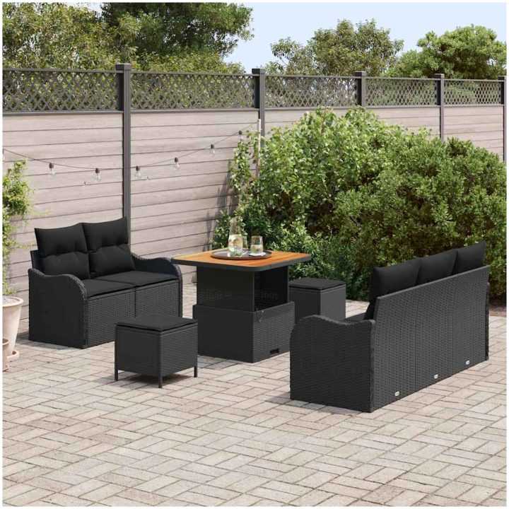 8-delade Trädgårdsoffs-set med kuddar Svart Poly Rattan Akacia vidaXL Medium – bild 3