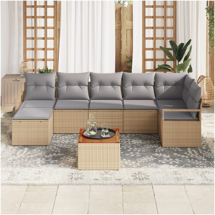 8-delade trädgårdsoffset med kuddar beige poly rattan akacia vidaXL Medium – bild 3