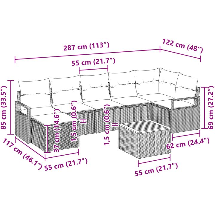 8-delade trädgårdsoffset med kuddar beige poly rattan akacia vidaXL Medium – bild 10