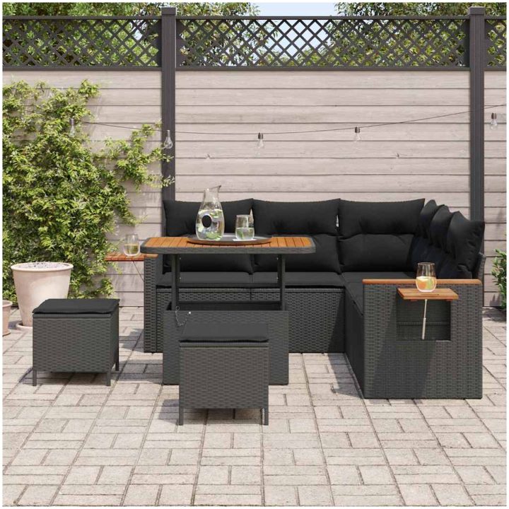 8-delade trädgårdsoffset med kuddar Svart Poly Rattan Akacia vidaXL Stor – bild 3