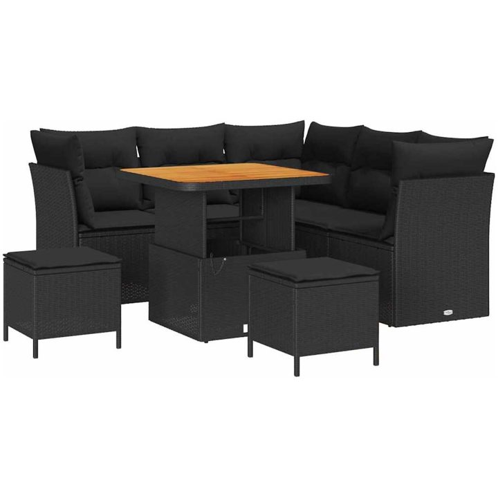8 Delar Trädgård Soff Set med Kuddar Svart Poly Rattan Akacia vidaXL Stor – bild 2