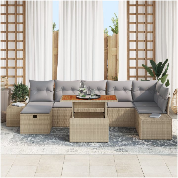 8 Delar Trädgårdsofa Set med Dynor Beige Poly Rattan vidaXL 55 x 55 x 37 cm – bild 3