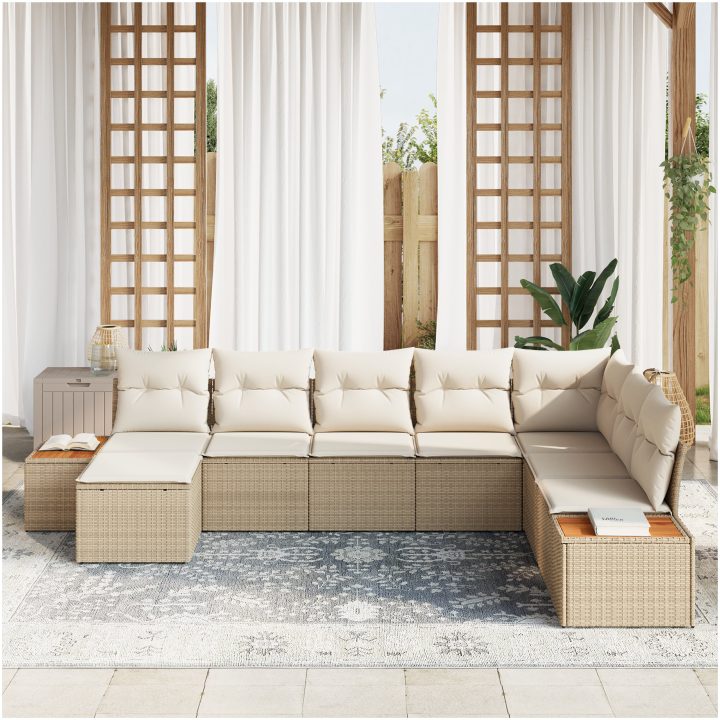 8 Delar Trädgårdsoff-set med Kuddar Beige Poly Rottning Akacia vidaXL 319 x 209 x 69 cm – bild 3