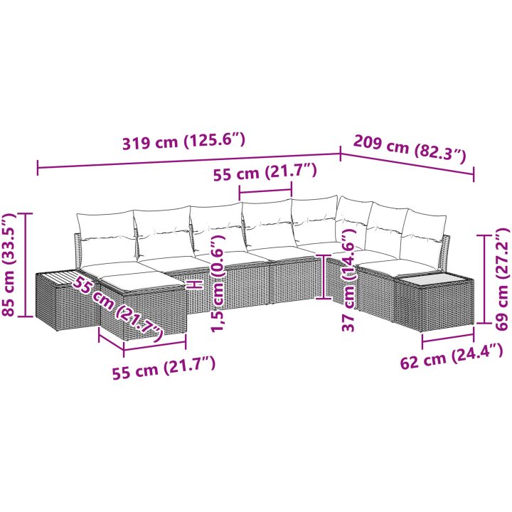 8 Delar Trädgårdsoff-set med Kuddar Beige Poly Rottning Akacia vidaXL 319 x 209 x 69 cm – bild 9