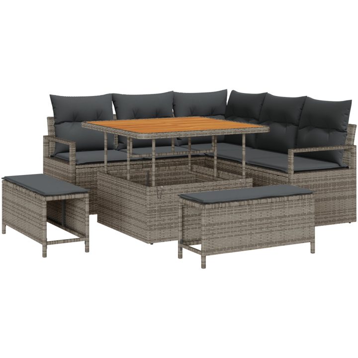 8 delar Trädgårdsoffa set med kuddar Grå Poly Rattan Akacia vidaXL Medium – bild 2