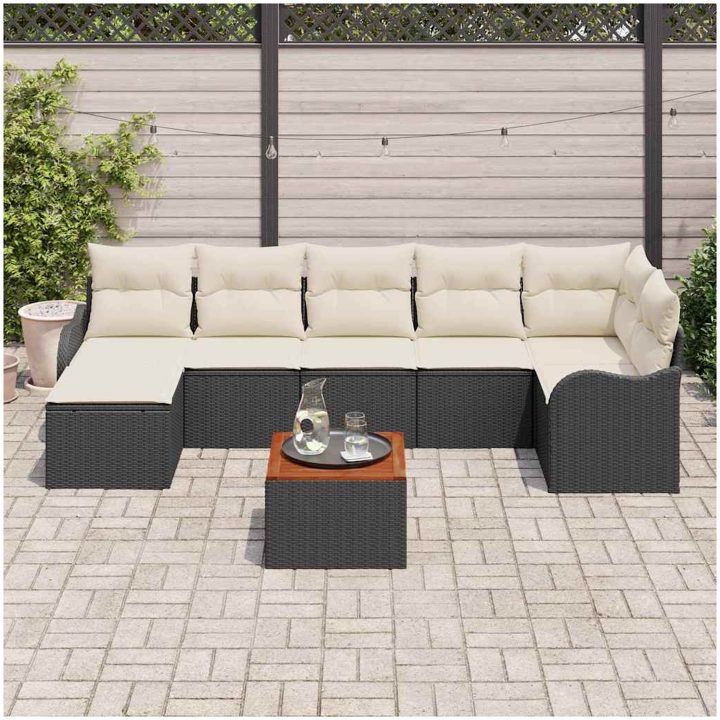 8 Delar Trädgårdsoffa Set med Kuddar Svart Poly Rattan Akacia vidaXL Stor – bild 3