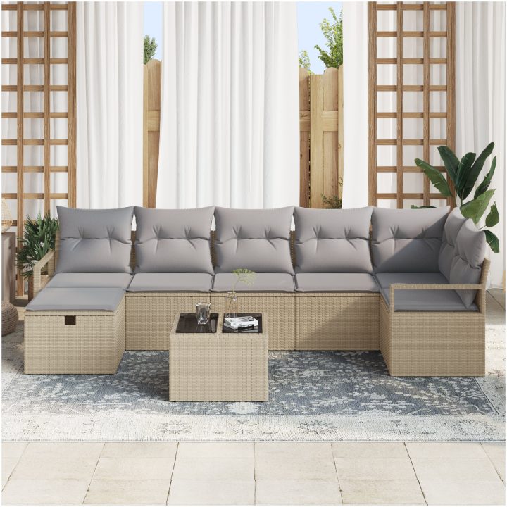 8 Delar Trädgårdsoffaset med Kuddar Beige Poly Rotting vidaXL Medium – bild 3