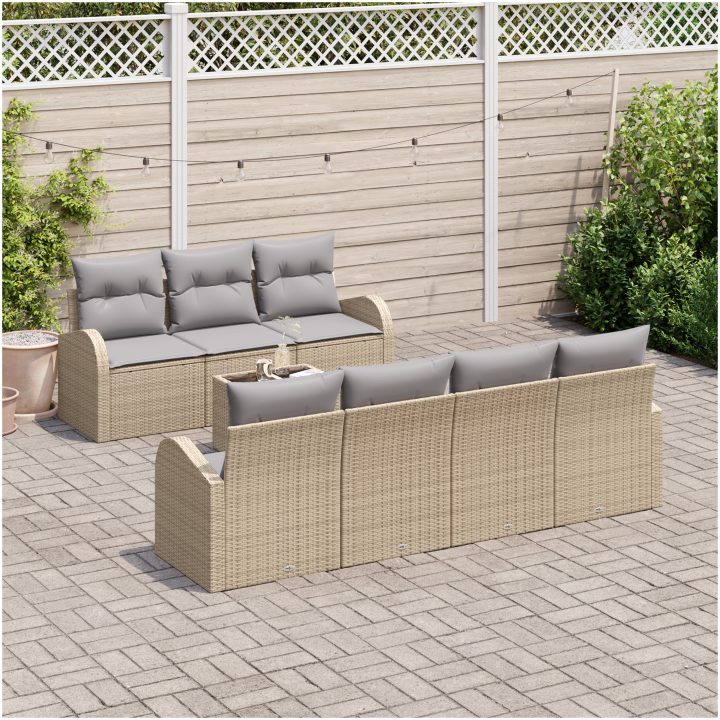 8 Delar Trädgårdsoffasett med Kuddar Beige Poly Rattan vidaXL 55 x 55 x 37 cm – bild 3