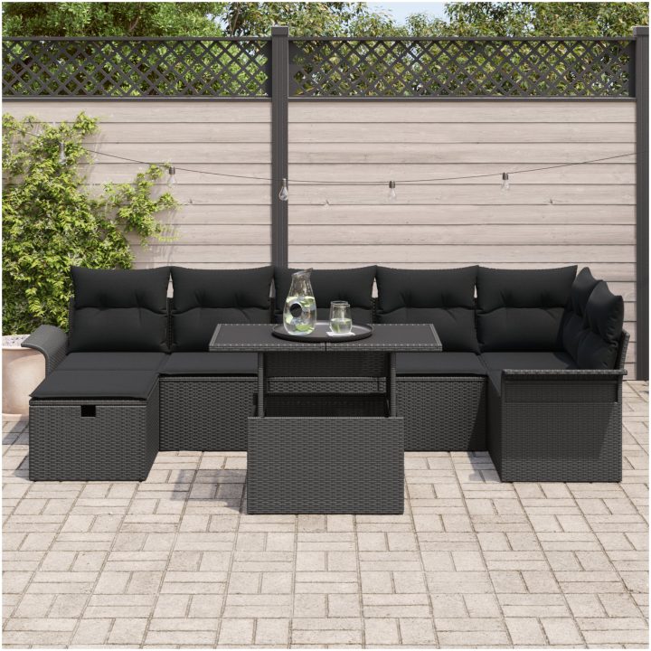 8-delar Trädgårdsoffor Set med Dynor Svart Poly Rattan vidaXL Stor – bild 3