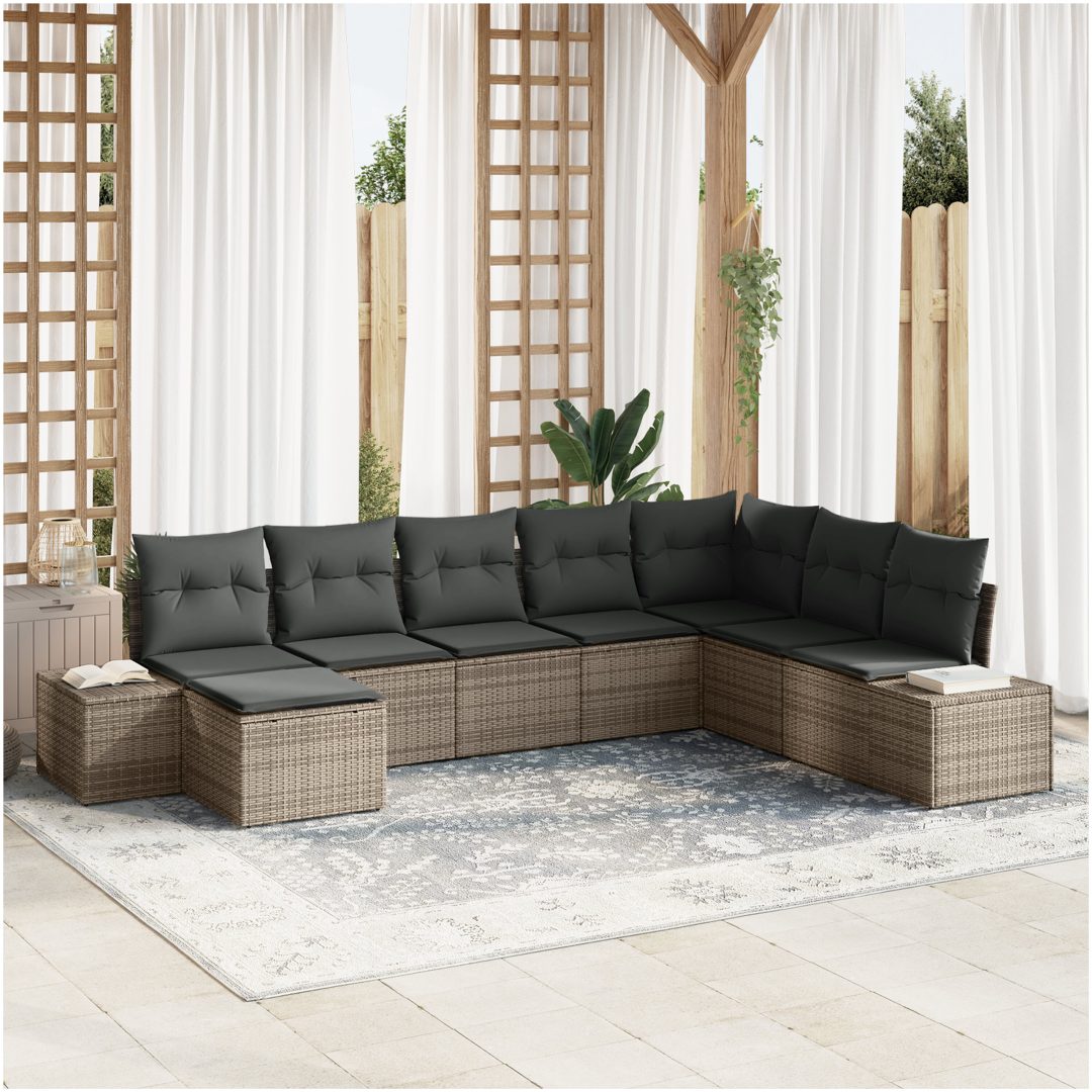 8 Delar Trädgårdsoffset med Dynor Grå Poly Rattan vidaXL 319 x 209 x 85 cm