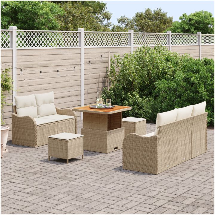 8 Delar Trädgårdsoffset med Kuddar Beige Poly Rattan Akacia vidaXL Stor – bild 3