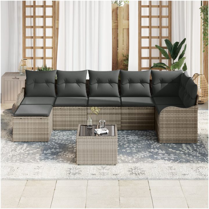 8 Delar Trädgårdsoffset med Kuddar Grå Poly Rattan vidaXL Standard – bild 3