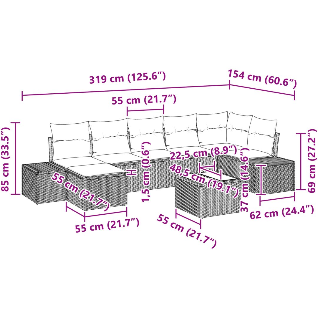 8 Delar Trädgårdsoffset med Kuddar Svart Poly Rattan vidaXL 55 x 55 x 37 cm – bild 10