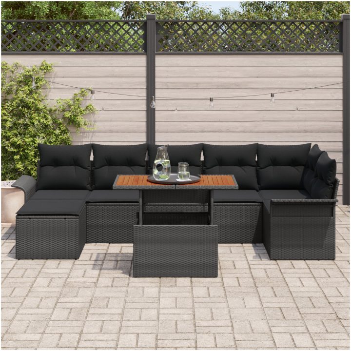 8-delars matgrupp med kuddar i svart poly-rotning och akacia. vidaXL 100 x 55 x 73 cm – bild 3