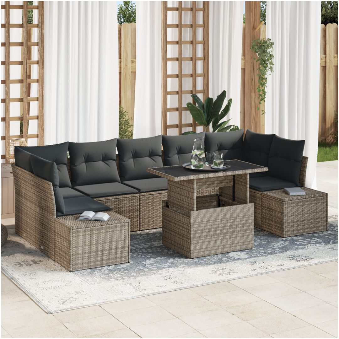 8-delars Sätt för Trädgårdsoffor med Kuddar Grå Poly Rattan vidaXL 100 x 55 x 73 cm