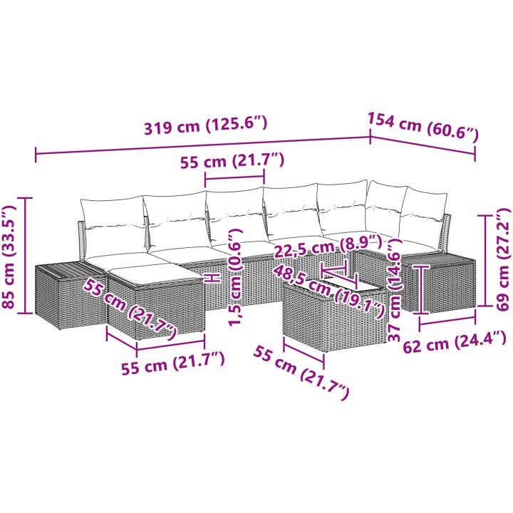 8-delars Sofagrupp med Kuddar Beige Poly Rattan vidaXL 55 x 55 x 37 cm – bild 10
