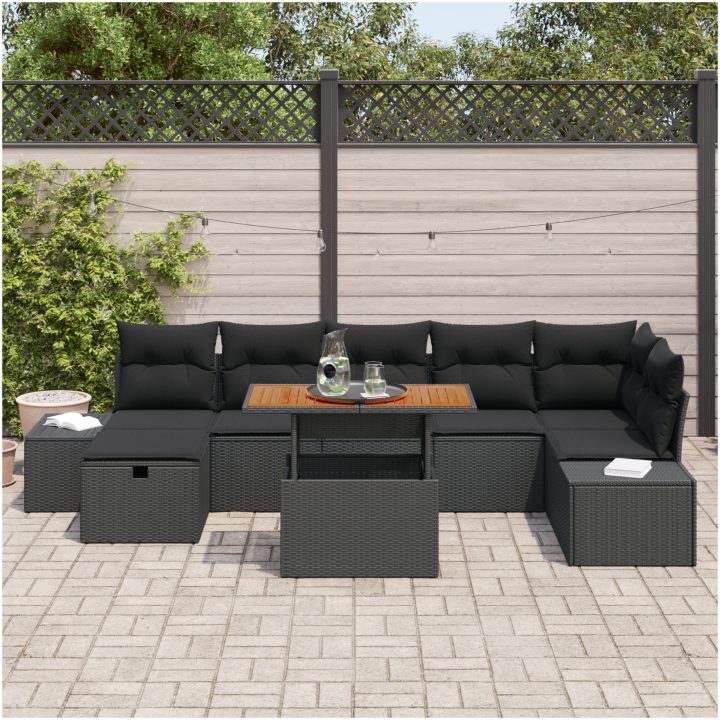 8-delars trädgårdsdining set med kuddar, svart poly rattan och akacia vidaXL 100 x 55 x 73 cm – bild 3