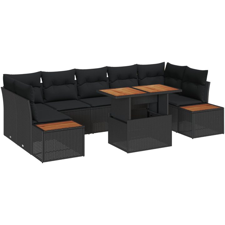 8-delars trädgårdsgrupp med kuddar i svart poly rattan och akacia vidaXL 100 x 55 x 73 cm – bild 2