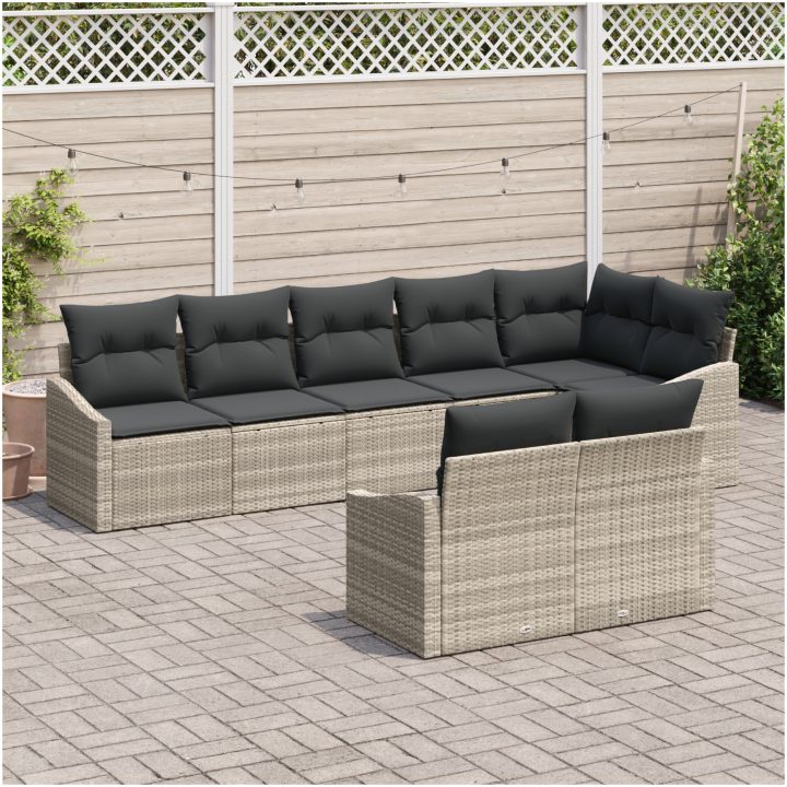 8 Delars Trädgårdsmatbord med Kuddar i Ljusgrå Poly Rattan vidaXL 288.5 x 123.5 x 85 cm – bild 3
