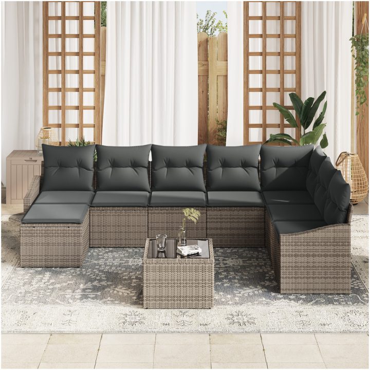 8-delars trädgårdsmatgrupp med kuddar, svart Poly Rattan vidaXL 55 x 55 x 37 cm – bild 3