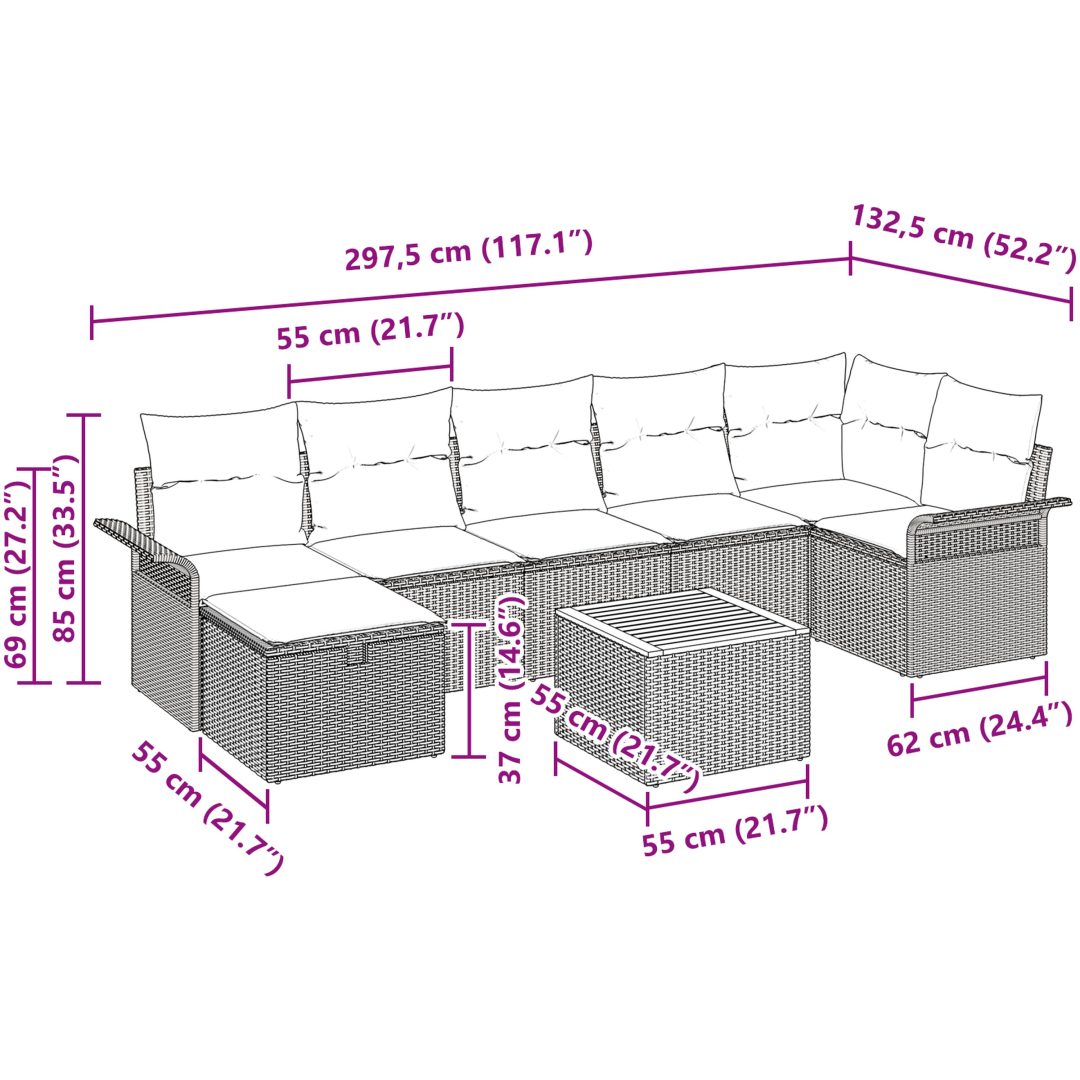 8-delars trädgårdsmöbelset med kuddar, grå polyrotting vidaXL 297.5 x 132.5 x 69 cm – bild 11