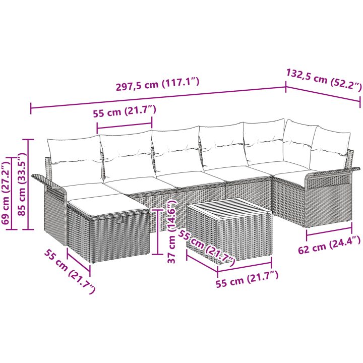 8-delars trädgårdsmöbelset med kuddar, grå polyrotting vidaXL 297.5 x 132.5 x 69 cm – bild 11