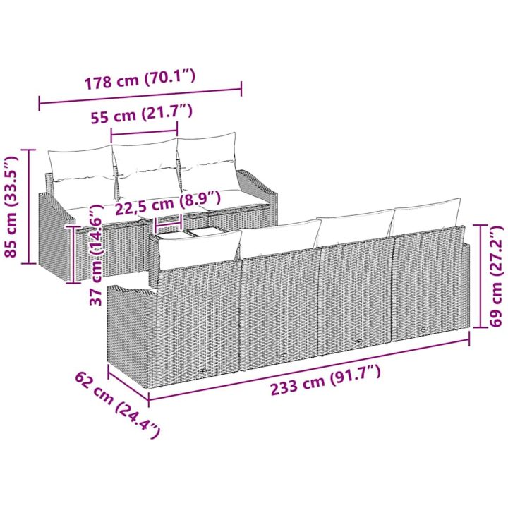 8-delars trädgårdsmöbelset med kuddar i beige poly rattan vidaXL 55 x 55 x 37 cm – bild 11