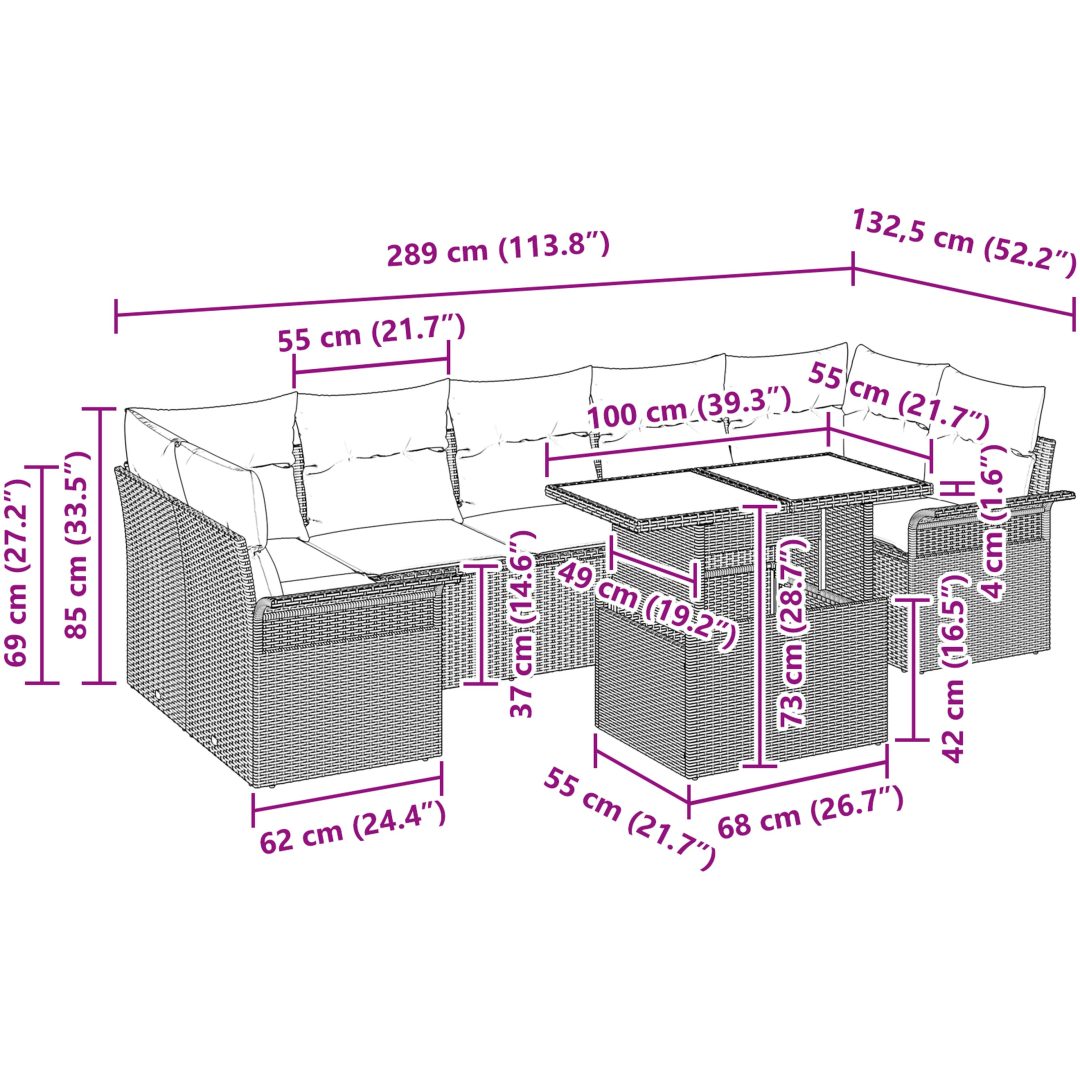 8-delars trädgårdsmöbelset med kuddar i brun polyrotting vidaXL 100 x 55 x 73 cm – bild 11