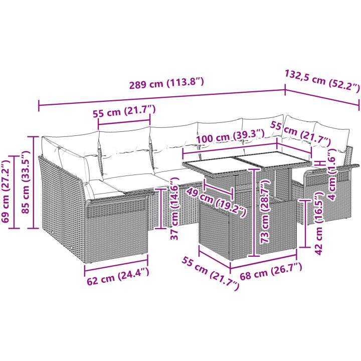 8-delars trädgårdsmöbelset med kuddar i brun polyrotting vidaXL 100 x 55 x 73 cm – bild 11
