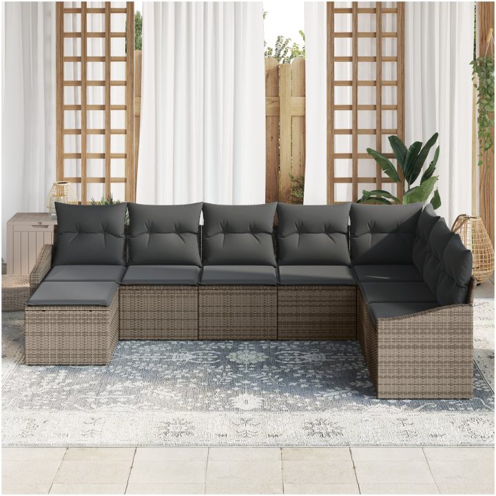 8-delars trädgårdsmöbelset med kuddar i grå polyrotting vidaXL 288,5 x 178,5 x 85 cm – bild 3