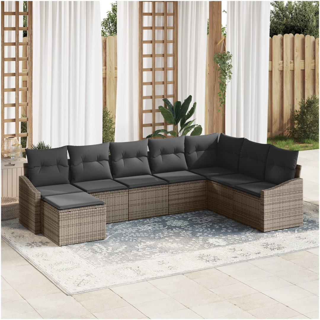 8-delars trädgårdsmöbelset med kuddar i grå polyrotting vidaXL 288,5 x 178,5 x 85 cm