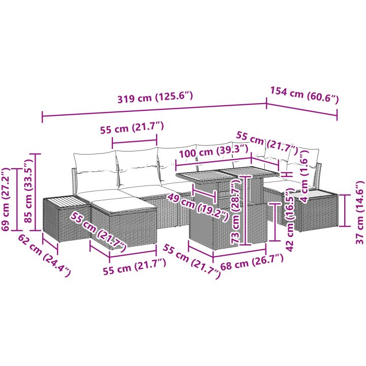 8-delars trädgårdsmöbelset med kuddar i grått polyrotting och akaciaträ vidaXL 100 x 55 x 73 cm – bild 11