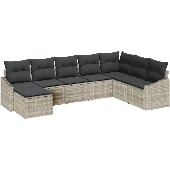 8-delars trädgårdsmöbelset med kuddar i ljusgrå polyrotting. vidaXL 288,5 x 178,5 x 85 cm – bild 2