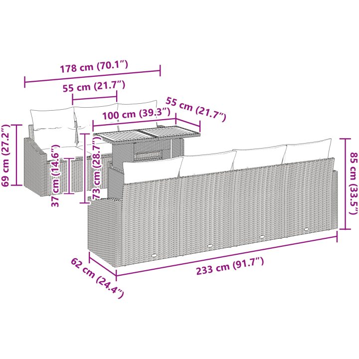 8-delars trädgårdsmöbelset med kuddar, svart poly rattan och akacia vidaXL 100 x 55 x 73 cm – bild 10