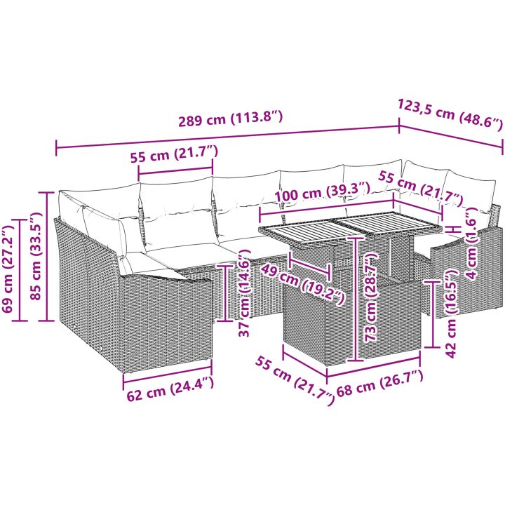 8-delars trädgårdsmöbelset med kuddar, svart poly-rattan och akacia vidaXL 100 x 55 x 73 cm – bild 11