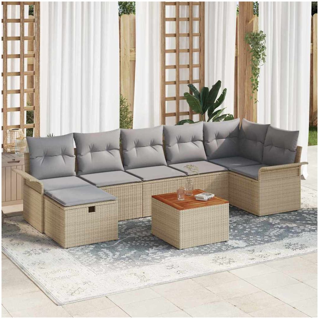 8 Delars Trädgårdsofa Set med Kuddar Beige Polyrotting vidaXL Stor